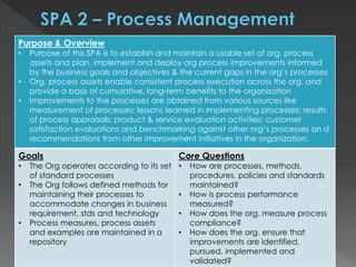 Purpose & Overview
• Purpose of this SPA is to establish and maintain a usable set of org. process
assets and plan, implement and deploy org process improvements informed
by the business goals and objectives & the current gaps in the org’s processes
• Org. process assets enable consistent process execution across the org. and
provide a basis of cumulative, long-term benefits to the organization
• Improvements to the processes are obtained from various sources like
measurement of processes; lessons learned in implementing processes; results
of process appraisals; product & service evaluation activities; customer
satisfaction evaluations and benchmarking against other org’s processes an d
recommendations from other improvement initiatives in the organization.
Goals
• The Org operates according to its set
of standard processes
• The Org follows defined methods for
maintaining their processes to
accommodate changes in business
requirement, stds and technology
• Process measures, process assets
and examples are maintained in a
repository
Core Questions
• How are processes, methods,
procedures, policies and standards
maintained?
• How is process performance
measured?
• How does the org. measure process
compliance?
• How does the org. ensure that
improvements are identified,
pursued, implemented and
validated?
 