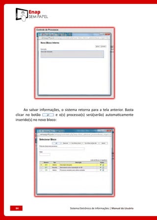 84	 Sistema Eletrônico de Informações | Manual do Usuário
Ao salvar informações, o sistema retorna para a tela anterior. Basta
clicar no botão e o(s) processo(s) será(serão) automaticamente
inserido(s) no novo bloco:
 
