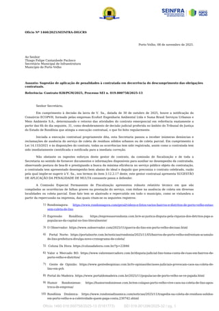 Ofício Nº 1460/2025/SEINFRA-DIGCRS
Porto Velho, 08 de novembro de 2025.
Ao Senhor
Thiago Felipe Cantanhede Pacheco
Secretá...