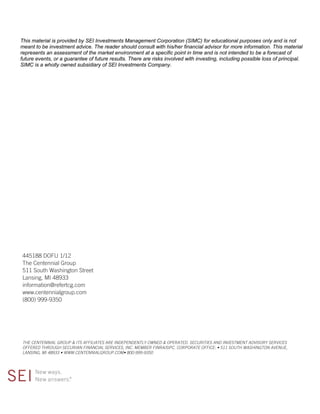 This material is provided by SEI Investments Management Corporation (SIMC) for educational purposes only and is not
meant to be investment advice. The reader should consult with his/her financial advisor for more information. This material
represents an assessment of the market environment at a specific point in time and is not intended to be a forecast of
future events, or a guarantee of future results. There are risks involved with investing, including possible loss of principal.
SIMC is a wholly owned subsidiary of SEI Investments Company.




445188 DOFU 1/12
The Centennial Group
511 South Washington Street
Lansing, MI 48933
information@refertcg.com
www.centennialgroup.com
(800) 999-9350




THE CENTENNIAL GROUP & ITS AFFILIATES ARE INDEPENDENTLY OWNED & OPERATED. SECURITIES AND INVESTMENT ADVISORY SERVICES
OFFERED THROUGH SECURIAN FINANCIAL SERVICES, INC. MEMBER FINRA/SIPC. CORPORATE OFFICE: • 511 SOUTH WASHINGTON AVENUE,
LANSING, MI 48933 • WWW.CENTENNIALGROUP.COM• 800-999-9350
 