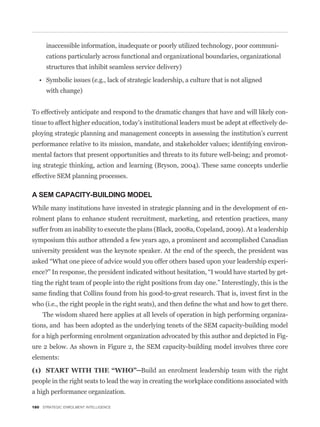 inaccessible information, inadequate or poorly utilized technology, poor communi-
      cations particularly across functional and organizational boundaries, organizational
      structures that inhibit seamless service delivery)


      with change)


To effectively anticipate and respond to the dramatic changes that have and will likely con-
tinue to affect higher education, today’s institutional leaders must be adept at effectively de-
ploying strategic planning and management concepts in assessing the institution’s current
performance relative to its mission, mandate, and stakeholder values; identifying environ-
mental factors that present opportunities and threats to its future well-being; and promot-
ing strategic thinking, action and learning (Bryson, 2004). These same concepts underlie
effective SEM planning processes.

A SEM CAPACITY-BUILDING MODEL
While many institutions have invested in strategic planning and in the development of en-
rolment plans to enhance student recruitment, marketing, and retention practices, many
suffer from an inability to execute the plans (Black, 2008a, Copeland, 2009). At a leadership
symposium this author attended a few years ago, a prominent and accomplished Canadian
university president was the keynote speaker. At the end of the speech, the president was
                                                                                               -
                                                                                               -
ting the right team of people into the right positions from day one.” Interestingly, this is the



    The wisdom shared here applies at all levels of operation in high performing organiza-
tions, and has been adopted as the underlying tenets of the SEM capacity-building model
for a high performing enrolment organization advocated by this author and depicted in Fig-
ure 2 below. As shown in Figure 2, the SEM capacity-building model involves three core
elements:


people in the right seats to lead the way in creating the workplace conditions associated with
a high performance organization.

180 STRATEGIC ENROLMENT INTELLIGENCE
 