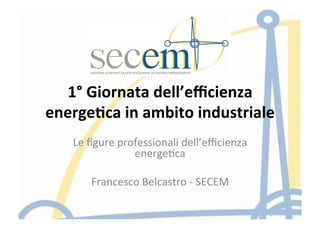 1°	
  Giornata	
  dell’eﬃcienza	
  
energe3ca	
  in	
  ambito	
  industriale	
  
Le	
  ﬁgure	
  professionali	
  dell’eﬃcienza	
  
energe5ca	
  
	
  
Francesco	
  Belcastro	
  -­‐	
  SECEM	
  
 