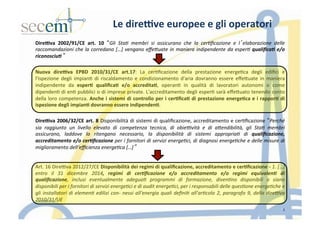 Le	
  dire9ve	
  europee	
  e	
  gli	
  operatori	
  
Dire9va	
   2002/91/CE	
   art.	
   10	
   “Gli	
   Sta(	
   membri	
   si	
   assicurano	
   che	
   la	
   cer(ﬁcazione	
   e	
   l’elaborazione	
   delle	
  
raccomandazioni	
  che	
  la	
  corredano	
  […]	
  vengano	
  eﬀe<uate	
  in	
  maniera	
  indipendente	
  da	
  esper(	
  qualiﬁca(	
  e/o	
  
riconosciu(	
  ”	
  
	
  
Nuova	
   dire9va	
   EPBD	
   2010/31/CE	
   art.17:	
   La	
   cer5ﬁcazione	
   della	
   prestazione	
   energe5ca	
   degli	
   ediﬁci	
   e	
  
l'ispezione	
   degli	
   impian5	
   di	
   riscaldamento	
   e	
   condizionamento	
   d'aria	
   dovranno	
   essere	
   eﬀeIuate	
   in	
   maniera	
  
indipendente	
   da	
   esper3	
   qualiﬁca3	
   e/o	
   accredita3,	
   operan5	
   in	
   qualità	
   di	
   lavoratori	
   autonomi	
   o	
   come	
  
dipenden5	
  di	
  en5	
  pubblici	
  o	
  di	
  imprese	
  private.	
  L'accreditamento	
  degli	
  esper5	
  sarà	
  eﬀeIuato	
  tenendo	
  conto	
  
della	
  loro	
  competenza.	
  Anche	
  i	
  sistemi	
  di	
  controllo	
  per	
  i	
  cer3ﬁca3	
  di	
  prestazione	
  energe3ca	
  e	
  i	
  rappor3	
  di	
  
ispezione	
  degli	
  impian3	
  dovranno	
  essere	
  indipenden3.	
  
	
  
Dire9va	
  2006/32/CE	
  art.	
  8	
  Disponibilità	
  di	
  sistemi	
  di	
  qualiﬁcazione,	
  accreditamento	
  e	
  cer5ﬁcazione	
  “Perché	
  
sia	
   raggiunto	
   un	
   livello	
   elevato	
   di	
   competenza	
   tecnica,	
   di	
   obieAvità	
   e	
   di	
   a<endibilità,	
   gli	
   Sta(	
   membri	
  
assicurano,	
   laddove	
   lo	
   ritengano	
   necessario,	
   la	
   disponibilità	
   di	
   sistemi	
   appropria(	
   di	
   qualiﬁcazione,	
  
accreditamento	
  e/o	
  cer(ﬁcazione	
  per	
  i	
  fornitori	
  di	
  servizi	
  energe(ci,	
  di	
  diagnosi	
  energe(che	
  e	
  delle	
  misure	
  di	
  
miglioramento	
  dell‘eﬃcienza	
  energe(ca	
  […]”	
  
	
  
	
  
Art.	
  16	
  Dire]va	
  2012/27/CE	
  Disponibilità	
  dei	
  regimi	
  di	
  qualiﬁcazione,	
  accreditamento	
  e	
  cer3ﬁcazione	
  -­‐	
  1.	
  […]	
  
entro	
   il	
   31	
   dicembre	
   2014,	
   regimi	
   di	
   cer(ﬁcazione	
   e/o	
   accreditamento	
   e/o	
   regimi	
   equivalen(	
   di	
  
qualiﬁcazione,	
   inclusi	
   eventualmente	
   adegua(	
   programmi	
   di	
   formazione,	
   diven(no	
   disponibili	
   o	
   siano	
  
disponibili	
  per	
  i	
  fornitori	
  di	
  servizi	
  energe(ci	
  e	
  di	
  audit	
  energe(ci,	
  per	
  i	
  responsabili	
  delle	
  ques(one	
  energe(che	
  e	
  
gli	
  installatori	
  di	
  elemen(	
  edilizi	
  con-­‐	
  nessi	
  all'energia	
  quali	
  deﬁni(	
  all'ar(colo	
  2,	
  paragrafo	
  9,	
  della	
  direAva	
  
2010/31/UE	
  
	
   3
 