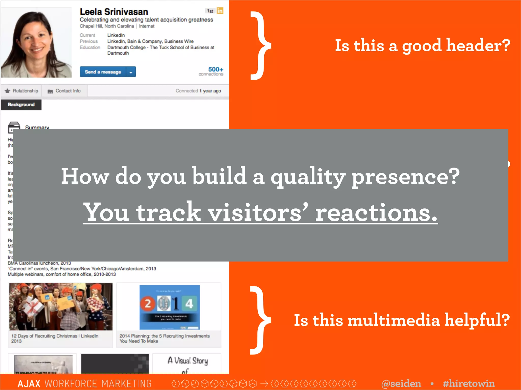 }

Is this a good header?

}

Is this summary too long?

}

Is this multimedia helpful?

How do you build a quality presence?

You track visitors’ reactions.

@seiden • #hiretowin

 