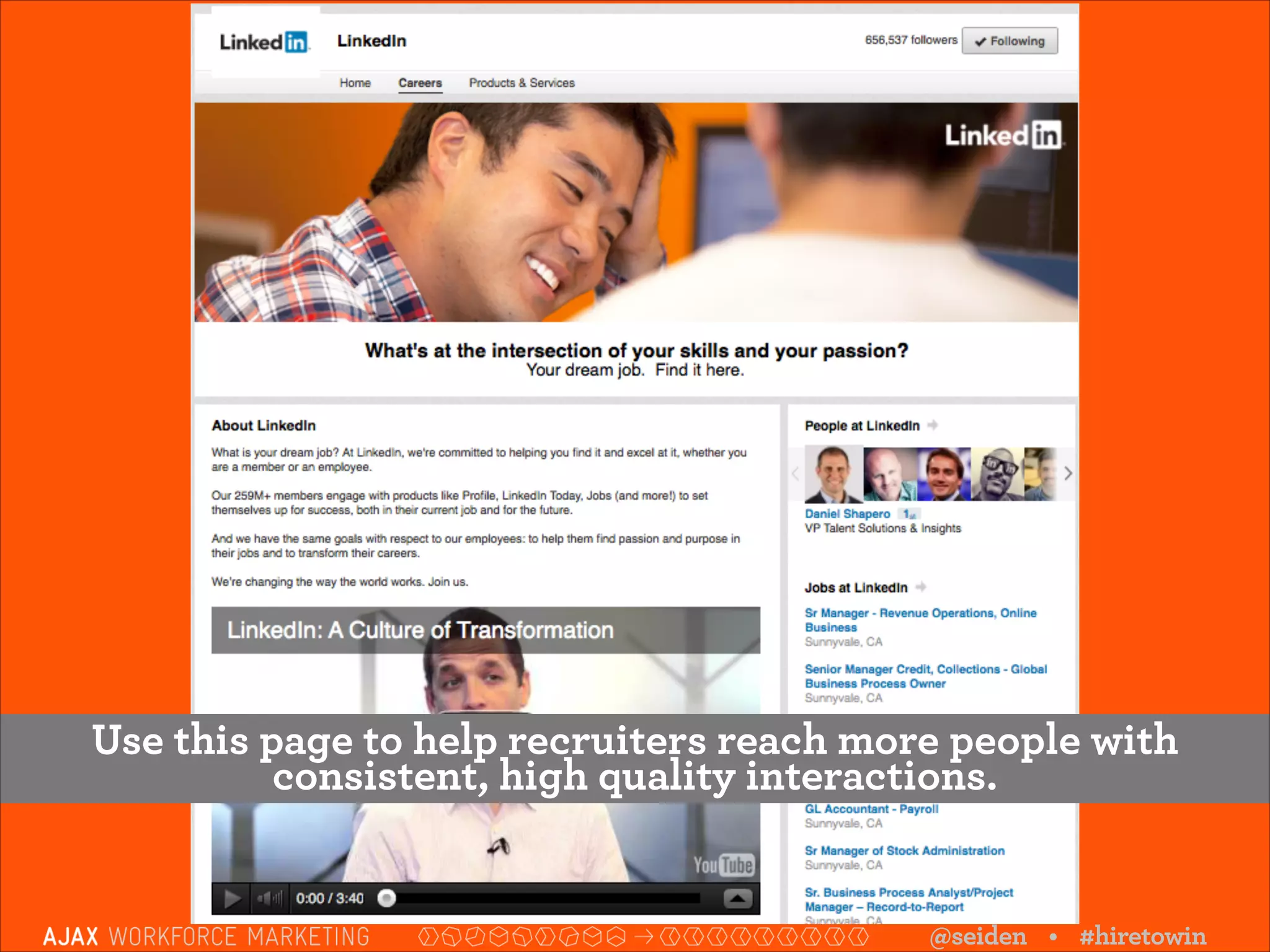 Use this page to help recruiters reach more people with
consistent, high quality interactions.

@seiden • #hiretowin

 