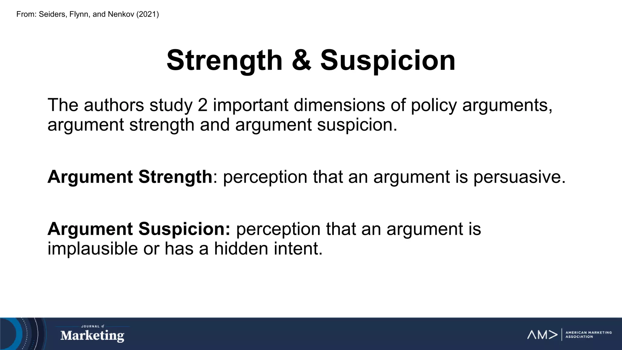 Strength & Suspicion
The authors study 2 important dimensions of policy arguments,
argument strength and argument suspicion.
Argument Strength: perception that an argument is persuasive.
Argument Suspicion: perception that an argument is
implausible or has a hidden intent.
From: Seiders, Flynn, and Nenkov (2021)
 