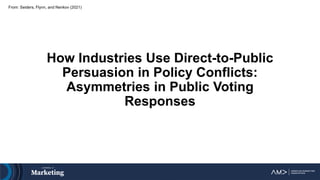 How Industries Use Direct-to-Public
Persuasion in Policy Conflicts:
Asymmetries in Public Voting
Responses
From: Seiders, Flynn, and Nenkov (2021)
 