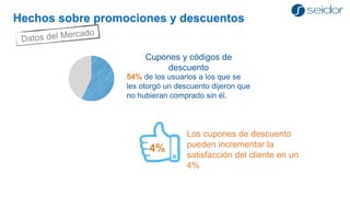 Hechos sobre promociones y descuentos 
Cupones y códigos de 
descuento 
54% de los usuarios a los que se 
les otorgó un descuento dijeron que 
no hubieran comprado sin él. 
4% 
Los cupones de descuento 
pueden incrementar la 
satisfacción del cliente en un 
4% 
 