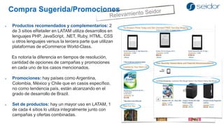 Compra Sugerida/Promociones 
Productos recomendados y complementarios: 2 de 3 sitios eRetailer en LATAM utiliza desarrollos en lenguajes PHP, JavaScript, .NET, Ruby, HTML, CSS u otros lenguajes versus la tercera parte que utilizan plataformas de eCommerce World-Class. 
Es notoria la diferencia en tiempos de resolución, cantidad de opciones de campañas y promociones en cada uno de los casos mencionados. 
Promociones: hay países como Argentina, Colombia, México y Chile que en casos específico, no como tendencia país, están alcanzando en el grado de desarrollo de Brazil. 
Set de productos: hay un mayor uso en LATAM, 1 de cada 4 sitios lo utiliza integralmente junto con campañas y ofertas combinadas.  
