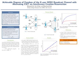 Achievable Degrees of Freedom of the K-user MISO Broadcast Channel with
Alternating CSIT via Interference Creation-Resurrection
Mohamed Seif, Amr El-Keyi, and Mohammed Naﬁe
Wireless Intelligent Networks Center (WINC), Nile University
Objective
• In this paper, we analyze the degrees of
freedom for the K-user multiple-input
single-output (MISO) broadcast channel (BC)
with synergistic alternating channel state
information at the transmitters (CSIT).
Speciﬁcally, the CSIT alternates between three
states, namely, perfect CSIT (P), delayed CSIT
(D) and no CSIT (N). Each state is associated
with a fraction of time denoted by λP , λD and
λN, respectively.
Contribution
• We propose a transmission scheme for
alternating CSIT for the K-user BC.
• We show the beneﬁt of the alternating CSIT
over delayed CSIT and other CSIT models
(more details in the paper).
• The degrees of freedom for the K-user BC in
our work is given by
DΣ(K) ≥
K2
2K − 1
(1)
Introduction
An important performance measure for a communi-
cation network is its degrees of freedom (DoF) which
determines the behavior of the sum capacity in the
high signal-to-noise ratio (SNR) regime. In particu-
lar, the network capacity under a transmission power
P is given by
C(P) = DoF log(P) + o(log(P)) (2)
where limP→∞
o(log(P))
log(P) = 0.
R1
R2
W11, W12
W11, W21
Transmitter1
W21, W22
Transmitter2
W12, W22
H11(t)
H12(t)
H21(t)
H22(t)
Figure 1: Two-user X channel model
Network Model
R1
RK
H1(t)
HK(t)
W1 ,..., WK
W1
WK
^
^
Transmitter with
K antennas
Figure 2: K-user BC channel model
System Model
• We consider a MISO broadcast channel with K
transmit antennas and K single antenna receivers.
The received signal at the ith receiver is given by
Yi(t) = Hi(t)X(t) + Ni(t), i = 1, . . . , K (3)
where X(t) is the K × 1 transmitted signal at time
t with a power constraint E{|X(t)|2
} ≤ P. The
additive noise Ni(t) ∼ CN(0, 1) at time t generated
at receiver Ri is circularly symmetric white Gaus-
sian noise with zero mean and unit variance. Hi(t)
is the 1 × K channel vector from the transmitter
to receiver Ri at time t which is sampled from a
continuous distribution whose elements are complex
Gaussian. The channel coeﬃcients are assumed to
be i.i.d. across the receivers.
Results
1 2 3 4 5 6 7 8 9 10
1
1.5
2
2.5
3
3.5
4
4.5
5
5.5
K (users)
DoFsum
(K)
CSIT with alternation
CSIT with all delayed
Figure 3: DoF comparison for broadcast channel between all
delayed and alternating CSIT.
1 2 3 4 5 6 7 8 9 10
1
1.1
1.2
1.3
1.4
1.5
1.6
1.7
1.8
1.9
DoFsum
(K)
K (users)
CSIT with all delayed
CSIT with alternation
Figure 4: DoF comparison for X-channel between all delayed
and alternating CSIT ([1,2]).
References
[1] A. Wagdy, A. Elkeyi, T. Khattab and M. Naﬁe, “On the
synergistic beneﬁts of alternating CSIT for X channel
within a four-symbol channel extension,” in Proc. IEEE
ICC, 2015.
[2] A.Wagdy, A.Elkeyi, and M.Naﬁe, “On the Degrees of
Freedom of SISO X-Channel with Alternating CSIT,” in
Proc. IEEE ISIT, 2015.
Contact Information
• Email: m.seif@nu.edu.eg
• Phone: +2 (0100) 694-6194
 