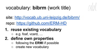 vocabulary: bibrm (work title)
site: http://vocab.ub.uni-leipzig.de/bibrm/
repo: https://github.com/ERM-HD
1. reuse existing vocabulary
○ e.g. foaf, vcard, …

2. define own properties
○ following the ERMI if possible
○ create new vocabulary

 