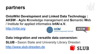 partners
OntoWiki Development and Linked Data Technology :
AKSW - Agile Knowledge management and Semantic Web
/ Institute for applied informatics InfAI e.V.
http://infai.org
Data integration and versatile data conversion:
SLUB - Saxon State and University Library Dresden
http://www.slub-dresden.de

 