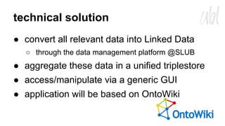 technical solution
● convert all relevant data into Linked Data
○ through the data management platform @SLUB

● aggregate these data in a unified triplestore
● access/manipulate via a generic GUI
● application will be based on OntoWiki

 