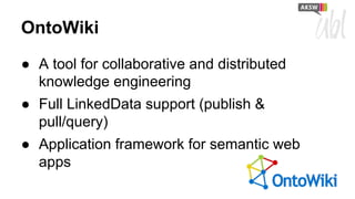 OntoWiki
● A tool for collaborative and distributed
knowledge engineering
● Full LinkedData support (publish &
pull/query)
● Application framework for semantic web
apps

 
