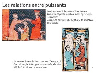 Les relations entre puissants
                                  Un document intéressant trouvé aux
                                  Archives départementales des Pyrénées-
                                  Orientales
                                  Miniature extraite du Capbreu de Tautavel,
                                  XIIIe siècle




     Et aux Archives de la couronne d'Aragon, à
     Barcelone, le Liber feudorum maior du XIIe
     siècle fournit cette miniature                                      13
 
