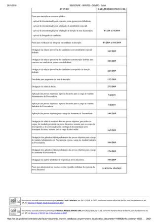 26/11/2018 SEI/GOVPE - 0876702 - GOVPE - Edital
https://sei.pe.gov.br/sei/controlador.php?acao=documento_imprimir_web&acao_origem=arvore_visualizar&id_documento=1118982&infra_sistema=10000… 20/21
EVENTO DATA/PERÍODO PROVÁVEL
Prazo para inscrição no concurso público:
– upload de documentação para concorrer como pessoa com deficiência;
– upload de documentação para solicitação de atendimento especial;
– upload de documentação para solicitação de isenção de taxa de inscrição;
– upload de fotografia do candidato.
4/12/18 a 3/1/2019
Prazo para verificação da fotografia encaminhada na inscrição. 8/1/2019 a 10/1/2019
Divulgação da relação provisória dos candidatos com atendimento especial
deferido.
10/1/2019
Divulgação da relação provisória dos candidatos com inscrição deferida para
concorrer na condição de pessoa com deficiência.
10/1/2019
Divulgação da relação provisória dos candidatos com pedido de isenção
deferido.
22/1/2019
Data limite para pagamento da taxa de inscrição. 12/2/2019
Divulgação do edital de locais. 27/3/2019
Aplicação das provas objetivas e a prova discursiva para o cargo de Analista
Administrativo de Procuradoria.
7/4/2019
Aplicação das provas objetivas e a prova discursiva para o cargo de Analista
Judiciário de Procuradoria.
7/4/2019
Aplicação das provas objetivas para o cargo de Assistente de Procuradoria. 14/4/2019
Divulgação do edital de resultado final nas provas objetivas, para todos os
cargos, de resultado provisório na prova discursiva, somente para os cargos de
nível superior, e de convocação para a entrega da documentação para
desempate de notas, somente para o cargo de nível médio. 16/5/2019
Divulgação dos gabaritos oficiais preliminares das provas objetivas para o cargo
de Analista Administrativo de Procuradoria e para o cargo de Analista Judiciário
de Procuradoria. 10/4/2019
Divulgação dos gabaritos oficiais preliminares das provas objetivas para o cargo
de Assistente de Procuradoria.
17/4/2019
Divulgação do padrão preliminar de resposta da prova discursiva. 10/4/2019
Prazo para interposição de recursos contra o padrão preliminar de resposta da
prova discursiva
11/4/2019 a 15/4/2019
Documento assinado eletronicamente por Antônio César Caúla Reis, em 26/11/2018, às 13:57, conforme horário oﬁcial de Recife, com fundamento no art.
10º, do Decreto nº 45.157, de 23 de outubro de 2017.
Documento assinado eletronicamente por MARILIA RAQUEL SIMOES LINS, em 26/11/2018, às 15:14, conforme horário oﬁcial de Recife, com fundamento no
art. 10º, do Decreto nº 45.157, de 23 de outubro de 2017.
 