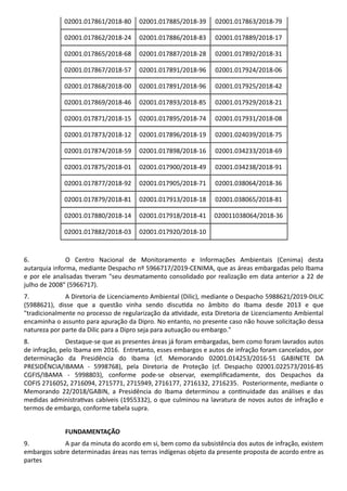 02001.017861/2018-80 02001.017885/2018-39 02001.017863/2018-79
02001.017862/2018-24 02001.017886/2018-83 02001.017889/2018-17
02001.017865/2018-68 02001.017887/2018-28 02001.017892/2018-31
02001.017867/2018-57 02001.017891/2018-96 02001.017924/2018-06
02001.017868/2018-00 02001.017891/2018-96 02001.017925/2018-42
02001.017869/2018-46 02001.017893/2018-85 02001.017929/2018-21
02001.017871/2018-15 02001.017895/2018-74 02001.017931/2018-08
02001.017873/2018-12 02001.017896/2018-19 02001.024039/2018-75
02001.017874/2018-59 02001.017898/2018-16 02001.034233/2018-69
02001.017875/2018-01 02001.017900/2018-49 02001.034238/2018-91
02001.017877/2018-92 02001.017905/2018-71 02001.038064/2018-36
02001.017879/2018-81 02001.017913/2018-18 02001.038065/2018-81
02001.017880/2018-14 02001.017918/2018-41 020011038064/2018-36
02001.017882/2018-03 02001.017920/2018-10
6. O Centro Nacional de Monitoramento e Informações Ambientais (Cenima) desta
autarquia informa, mediante Despacho nº 5966717/2019-CENIMA, que as áreas embargadas pelo Ibama
e por ele analisadas veram "seu desmatamento consolidado por realização em data anterior a 22 de
julho de 2008" (5966717).
7. A Diretoria de Licenciamento Ambiental (Dilic), mediante o Despacho 5988621/2019-DILIC
(5988621), disse que a questão vinha sendo discu da no âmbito do Ibama desde 2013 e que
"tradicionalmente no processo de regularização da a vidade, esta Diretoria de Licenciamento Ambiental
encaminha o assunto para apuração da Dipro. No entanto, no presente caso não houve solicitação dessa
natureza por parte da Dilic para a Dipro seja para autuação ou embargo."
8. Destaque-se que as presentes áreas já foram embargadas, bem como foram lavrados autos
de infração, pelo Ibama em 2016. Entretanto, esses embargos e autos de infração foram cancelados, por
determinação da Presidência do Ibama (cf. Memorando 02001.014253/2016-51 GABINETE DA
PRESIDÊNCIA/IBAMA - 5998768), pela Diretoria de Proteção (cf. Despacho 02001.022573/2016-85
CGFIS/IBAMA - 5998803), conforme pode-se observar, exempliﬁcadamente, dos Despachos da
COFIS 2716052, 2716094, 2715771, 2715949, 2716177, 2716132, 2716235. Posteriormente, mediante o
Memorando 22/2018/GABIN, a Presidência do Ibama determinou a con nuidade das análises e das
medidas administra vas cabíveis (1955332), o que culminou na lavratura de novos autos de infração e
termos de embargo, conforme tabela supra.
FUNDAMENTAÇÃO
9. A par da minuta do acordo em si, bem como da subsistência dos autos de infração, existem
embargos sobre determinadas áreas nas terras indígenas objeto da presente proposta de acordo entre as
partes
 
