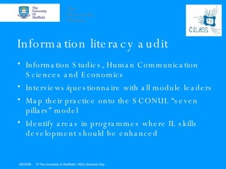 Information literacy audit Information Studies, Human Communication Sciences and Economics Interviews/questionnaire with all module leaders Map their practice onto the SCONUL “seven pillars” model Identify areas in programmes where IL skills development should be enhanced 