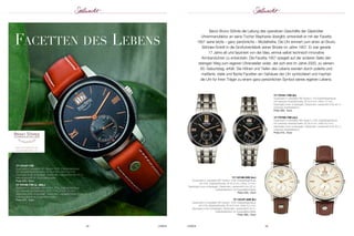 facetten deS lebenS 
32 UHREN UHREN 33 
www.brunosoehnle.de 
www.facetta1957.de 
Bevor Bruno Söhnle die Leitung des operativen Geschäfts der Glashütter 
Uhrenmanufaktur an seine Tocher Stephanie übergibt, entwickelt er mit der Facetta 
1957 seine letzte – ganz persönliche – Modellreihe. Die Uhr erinnert zum einen an Bruno 
Söhnles Eintritt in die Großuhrenfabrik seiner Brüder im Jahre 1957. Er war gerade 
17 Jahre alt und fasziniert von der Idee, einmal selbst technisch innovative 
Armbanduhren zu entwickeln. Die Facetta 1957 spiegelt auf der anderen Seite den 
steinigen Weg zum eigenen Uhrenatelier wider, der sich erst im Jahre 2000, zu seinem 
60. Geburtstag, erfüllt. Die Höhen und Tiefen des Lebens werden durch polierte und 
mattierte, steile und flache Facetten am Gehäuse der Uhr symbolisiert und machen 
die Uhr für ihren Träger zu einem ganz persönlichen Symbol seines eigenen Lebens. 
17-73151-736 (li.) 
Quarzwerk in veredelter BS-Version; 316 Edelstahlgehäuse 
mit massiver Keramiklünette, Ø 42,9 mm; Höhe 10 mm; 
Saphirglas innen entspiegelt; Glasboden; wasserdicht bis 50 m; 
massives Edelstahlband 
Preis 550,- Euro 
17-73152-736 (re.) 
Quarzwerk in veredelter BS-Version; 316L Edelstahlgehäuse 
mit massiver Keramiklünette, Ø 34,9 mm; Höhe 9,5 mm; 
Saphirglas innen entspiegelt; Glasboden; wasserdicht bis 50 m; 
massives Edelstahlband 
Preis 515,- Euro 
17-73147-735 
Quarzwerk in veredelter BS-Version; 316L Edelstahlgehäuse 
mit massiver Keramiklünette, Ø 34,9 mm; Höhe 9,5 mm; 
Saphirglas innen entspiegelt; Glasboden; wasserdicht bis 50 m; 
Kalbslederband mit Doppelfaltschließe 
Preis 425,- Euro 
17-73146-735 (o. Abb.) 
Quarzwerk in veredelter BS-Version; 316L Edelstahlgehäuse 
mit massiver Keramiklünette, Ø 42,9 mm; Höhe 10 mm; 
Saphirglas innen entspiegelt; Glasboden; wasserdicht bis 50 m; 
Kalbslederband mit Doppelfaltschließe 
Preis 470,- Euro 
17-13146-245 (re.) 
Quarzwerk in veredelter BS-Version; 316L Edelstahlgehäuse 
mit 316L Edelstahllünette, Ø 42,9 mm; Höhe 10 mm; 
Saphirglas innen entspiegelt; Glasboden; wasserdicht bis 50 m; 
Kalbslederband mit Doppelfaltschließe 
Preis 435,- Euro 
17-13147-245 (li.) 
Quarzwerk in veredelter BS-Version; 316L Edelstahlgehäuse 
mit 316L Edelstahllünette, Ø 34,9 mm; Höhe 9,5 mm; 
Saphirglas innen entspiegelt; Glasboden; wasserdicht 50 m; 
Kalbslederband mit Doppelfaltschließe 
Preis 395,- Euro 
 
