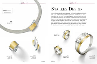 StarkeS deSiGn 
Die im niedersächsischen Hameln ansässige Schmuckschmiede MANU verspricht 
nicht zu viel. Ihr Name ist zugleich Produktphilosophie und leitet sich aus dem 
Lateinischen her: „von Hand“. Und manuell gefertigt werden bei MANU-Schmuck 
alle Kollektionen in Kleinserie. Sie bestechen durch ihre besondere handwerkliche 
Qualität und das Design. Schlichte, elegante Formen sowie edle, matte Oberflächen - 
strukturen sind die persönliche Handschrift der Schmuckgestalter. Perlen, Edel-und 
Farbsteine setzen Akzente, ohne jedoch im Vordergrund zu stehen. Charakter 
statt Glanz ist die Devise. Die Kreationen aus der Werkstatt von MANU entstehen 
für selbstbewusste Frauen, die Schmuck als Tüpfelchen auf dem „Ich“ tragen. 
www.manuschmuck.de 
Collier 
Silber; 900er Gold; 
blauer Topas 
Preis 588,– Euro 
Ring 
Silber; 900er Gold; 
blauer Topas 
Preis 248,– Euro 
56 SCHMUCK50 
SCHMUCK 
SCHMUCK 57 
Ohrringe 
Silber; 900er Gold; 
blauer Topas 
Preis 310,– Euro 
Ring 
Silber; 900er Gold 
Preis 258,– Euro 
Armreif 
Silber; 900er Gold; 
mit Zuchtperle 
Preis 895,– Euro 
Ring 
Silber; 900er Gold 
Preis 218,– Euro 
 