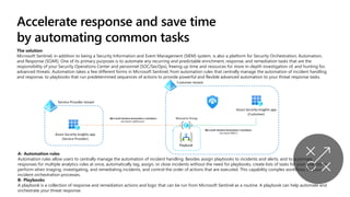 Accelerate response and save time
by automating common tasks
The solution
Microsoft Sentinel, in addition to being a Security Information and Event Management (SIEM) system, is also a platform for Security Orchestration, Automation,
and Response (SOAR). One of its primary purposes is to automate any recurring and predictable enrichment, response, and remediation tasks that are the
responsibility of your Security Operations Center and personnel (SOC/SecOps), freeing up time and resources for more in-depth investigation of, and hunting for,
advanced threats. Automation takes a few different forms in Microsoft Sentinel, from automation rules that centrally manage the automation of incident handling
and response, to playbooks that run predetermined sequences of actions to provide powerful and flexible advanced automation to your threat response tasks.
A- Automation rules
Automation rules allow users to centrally manage the automation of incident handling. Besides assign playbooks to incidents and alerts, and to automate
responses for multiple analytics rules at once, automatically tag, assign, or close incidents without the need for playbooks, create lists of tasks for your analysts to
perform when triaging, investigating, and remediating incidents, and control the order of actions that are executed. This capability complex workflows for your
incident orchestration processes.
B- Playbooks
A playbook is a collection of response and remediation actions and logic that can be run from Microsoft Sentinel as a routine. A playbook can help automate and
orchestrate your threat response.
 
