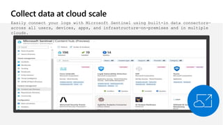 Collect data at cloud scale
Easily connect your logs with Microsoft Sentinel using built-in data connectors—
across all users, devices, apps, and infrastructure—on-premises and in multiple
clouds.
 