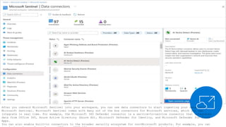 After you onboard Microsoft Sentinel into your workspace, you can use data connectors to start ingesting your data into
Microsoft Sentinel. Microsoft Sentinel comes with many out of the box connectors for Microsoft services, which you can
integrate in real time. For example, the Microsoft 365 Defender connector is a service-to-service connector that integrates
data from Office 365, Azure Active Directory (Azure AD), Microsoft Defender for Identity, and Microsoft Defender for Cloud
Apps.
You can also enable built-in connectors to the broader security ecosystem for non-Microsoft products. For example, you can
 