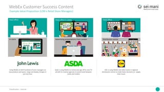 Classification	– Internal
WebEx	Customer	Success	Content
Example	Value	Proposition	(LOB	is	Retail	Store	Managers)
Using	WebEx	to	brief	hundreds	of	store	managers	on	
new	products	and	space,	range	and	display	changes	in	
just	one	hour
Asda is	using	WebEx	to	review	and	sign	off	its	next	TV	
ad	with	its	creative	agencies	to	avoid	travel	between	
Leeds	and	London
LIDL	is	using	WebEx	and	video	rooms	in	regional	
distribution	centres to	make	faster	decisions	on		supply	
chain	issues
 