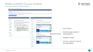 Classification	– Internal
WebEx	Customer	Success	Content
Example	Self	Service	Content	(Jabber)
› How	To	guide
› Branded	using	customer’s	
style	guidelines
› Navigation	design
› Formats:	Customer’s	internal	
learning	platform
 