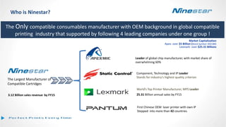 First Chinese OEM laser printer with own IP
Stepped into more than 42 countries
Component, Technology and IP Leader
Stands for industry’s highest quality criterion
3.12 Billion sales revenue by FY15
The Only compatible consumables manufacturer with OEM background in global compatible
printing industry that supported by following 4 leading companies under one group !
World’s Top Printer Manufacturer, MPS Leader
25.31 Billion annual sales by FY15
Who is Ninestar?
Market Capitalization
Apex: over $5 Billion (Stock Symbol: 002180)
Lexmark: over $25.31 Billions
Leader of global chip manufacturer, with market share of
overwhelming 60%
The Largest Manufacturer of
Compatible Cartridges
 