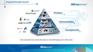 © Ninestar Image Tech Limited. All rights reserved worldwide, Confidential material, not for
redistribution.
Printers
Consumables
Components
Only Compatible Consumables Manufacturer with OEM Background in Aftermarket.
Integrated Strength Pyramid
 