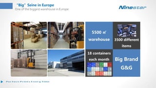 “Big”Seine in Europe
One of the biggest warehouse in Europe
5500 ㎡
warehouse
18 containers
each month
3500 different
items
Big Brand
G&G
 