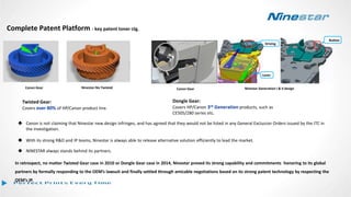 Complete Patent Platform - key patent toner ctg.
In retrospect, no matter Twisted Gear case in 2010 or Dongle Gear case in 2014, Ninestar proved its strong capability and commitments honoring to its global
partners by formally responding to the OEM’s lawsuit and finally settled through amicable negotiations based on its strong patent technology by respecting the
OEM’s IP.
Driving
Lever
Button
Ninestar-No TwistedCanon Gear Canon Gear Ninestar Generation I & II design
Twisted Gear:
Covers over 80% of HP/Canon product line.
Dongle Gear:
Covers HP/Canon 3rd Generation products, such as
CE505/280 series etc.
 Canon is not claiming that Ninestar new design infringes, and has agreed that they would not be listed in any General Exclusion Orders issued by the ITC in
the investigation.
 With its strong R&D and IP teams, Ninestar is always able to release alternative solution efficiently to lead the market.
 NINESTAR always stands behind its partners.
 