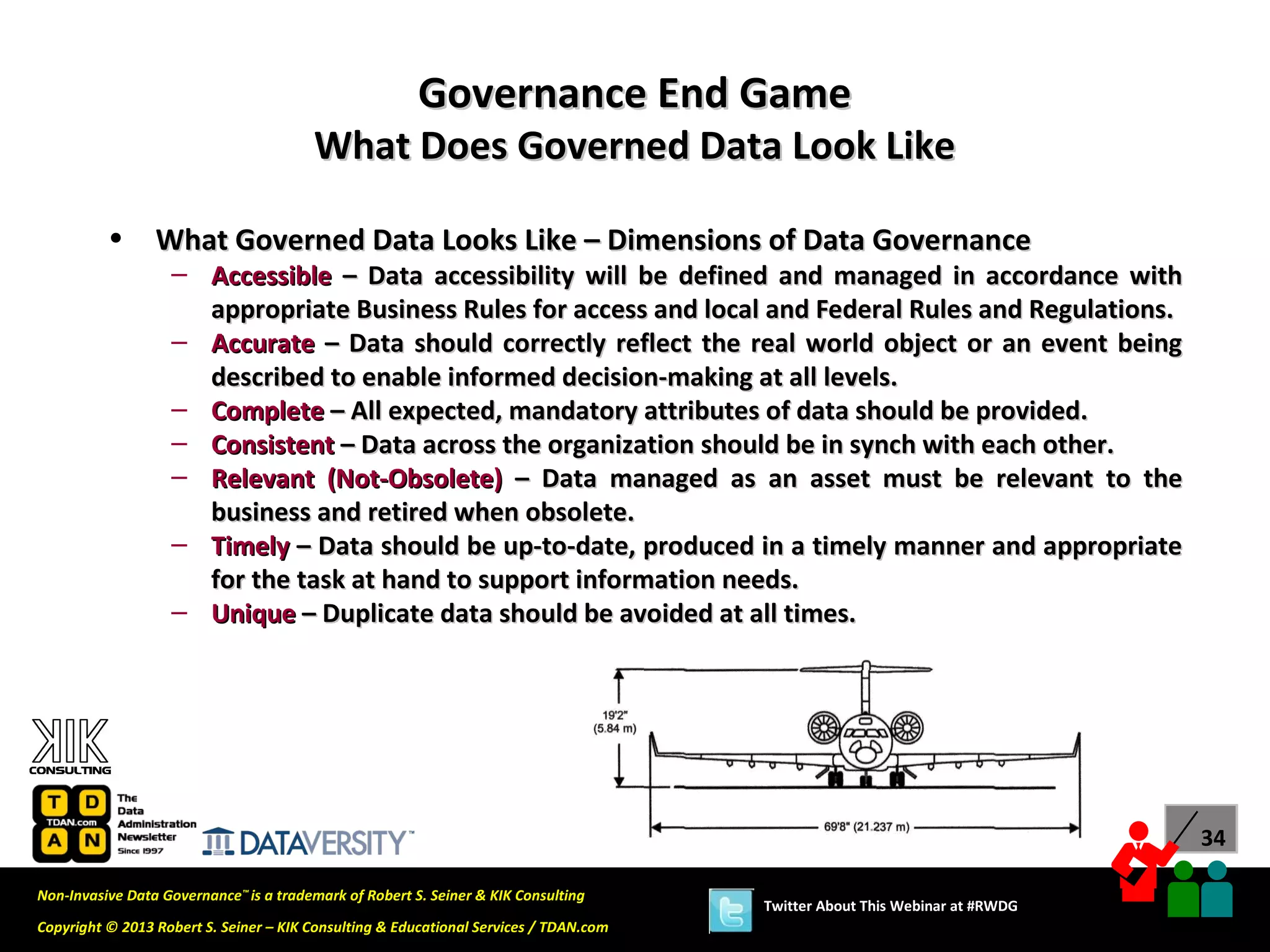 Governance End Game
                                        What Does Governed Data Look Like

          •      What Governed Data Looks Like – Dimensions of Data Governance
                   – Accessible – Data accessibility will be defined and managed in accordance with
                     appropriate Business Rules for access and local and Federal Rules and Regulations.
                   – Accurate – Data should correctly reflect the real world object or an event being
                     described to enable informed decision-making at all levels.
                   – Complete – All expected, mandatory attributes of data should be provided.
                   – Consistent – Data across the organization should be in synch with each other.
                   – Relevant (Not-Obsolete) – Data managed as an asset must be relevant to the
                     business and retired when obsolete.
                   – Timely – Data should be up-to-date, produced in a timely manner and appropriate
                     for the task at hand to support information needs.
                   – Unique – Duplicate data should be avoided at all times.




                                                                                                                             34

Non-Invasive Data Governance™ is a trademark of Robert S. Seiner & KIK Consulting
                                                                                       Twitter About This Webinar at #RWDG
Copyright © 2013 Robert S. Seiner – KIK Consulting & Educational Services / TDAN.com
 