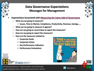 Data Governance Expectations
Messages for Management
•

Expectations Associated with Measuring the Value Add of Governance
– What are we going to measure?
• Issues, Time to Market, Compliance, Productivity, Revenue, Savings, …
– What are we going to measure it against?
– How are we going to record data to report the measures?
– How are we going to report the measures?
– How are the measures related to:
• Corporate Goals
• Corporate Vision
• Key Performance Indicators
• Performance Evaluations

18
Non-Invasive Data Governance™ is a trademark of Robert S. Seiner & KIK Consulting
Copyright © 2012 Robert S. Seiner – KIK Consulting & Educational Services / TDAN.com
2013

Twitter About This Webinar at #RWDG
#RWDG @RSeiner

 