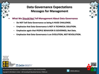 Data Governance Expectations
Messages for Management
•

What We Should Not Tell Management About Data Governance
– Do NOT Sell Data Governance as being A HUGE CHALLENGE.
– Emphasize that Data Governance is NOT A TECHNICAL SOLUTION.
– Emphasize again that PEOPLE BEHAVIOR IS GOVERNED, Not Data.
– Emphasize that Data Governance is an EVOLUTION, NOT REVOLUTION.

20
Non-Invasive Data Governance™ is a trademark of Robert S. Seiner & KIK Consulting
Copyright © 2012 Robert S. Seiner – KIK Consulting & Educational Services / TDAN.com
2013

Twitter About This Webinar at #RWDG
#RWDG @RSeiner

 