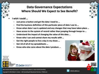 Data Governance Expectations
Where Should We Expect to See Benefit?
•

I wish I could …
–
–
–
–
–
–
–
–
–

Just press a button and get the data I need to …
Find the business definition of this particular piece of data I use to …
Know when data I use is updated and any changes that may have taken place …
Have access to the system of record rather than jumping through hoops to …
Understand the impact of changing the value of this data …
Know who I can and cannot share my results with …
Get the right people to live a day in my shoes …
Get rid of all of my spreadsheets …
Know who else cares about the data I produce …

34
Non-Invasive Data Governance™ is a trademark of Robert S. Seiner & KIK Consulting
Copyright © 2012 Robert S. Seiner – KIK Consulting & Educational Services / TDAN.com
2013

Twitter About This Webinar at #RWDG
#RWDG @RSeiner

 