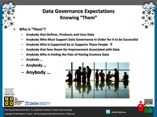 Data Governance Expectations
Knowing “Them”
•

Who is “Them”?
–
–
–
–
–
–

Anybody that Defines, Produces and Uses Data
Anybody Who Must Support Data Governance in Order for it to be Successful
Anybody Who is Supported by or Supports These People ↑
Anybody that Sees Room for Improvement Associated with Data
Anybody Who is Feeling the Pain of Having Crummy Data
Anybody …

– Anybody …

– Anybody …

5
Non-Invasive Data Governance™ is a trademark of Robert S. Seiner & KIK Consulting
Copyright © 2012 Robert S. Seiner – KIK Consulting & Educational Services / TDAN.com
2013

Twitter About This Webinar at #RWDG
#RWDG @RSeiner

 