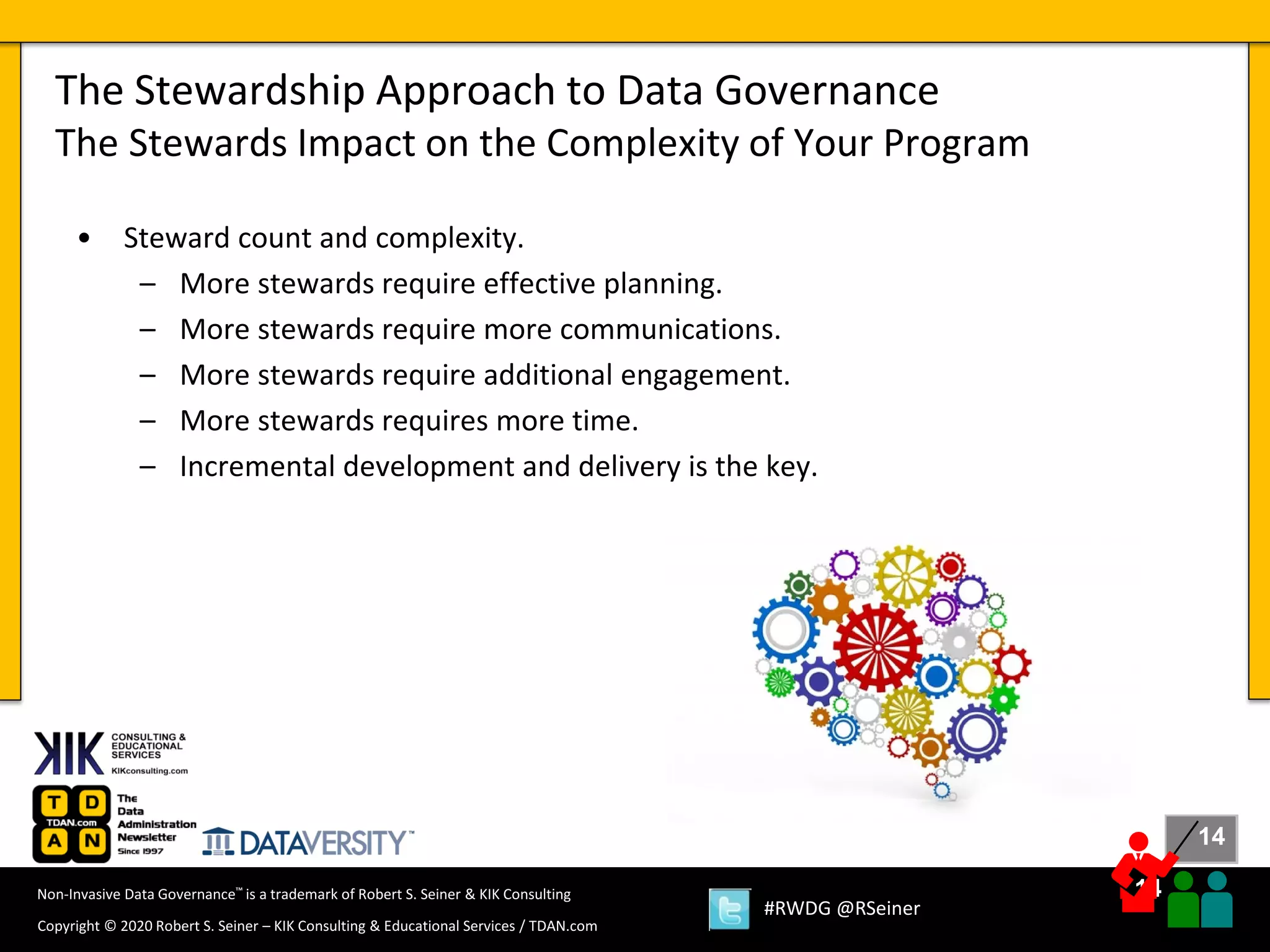 14
14
Copyright © 2020 Robert S. Seiner – KIK Consulting & Educational Services / TDAN.com
Non-Invasive Data Governance™ is a trademark of Robert S. Seiner & KIK Consulting
#RWDG @RSeiner
• Steward count and complexity.
– More stewards require effective planning.
– More stewards require more communications.
– More stewards require additional engagement.
– More stewards requires more time.
– Incremental development and delivery is the key.
The Stewardship Approach to Data Governance
The Stewards Impact on the Complexity of Your Program
 