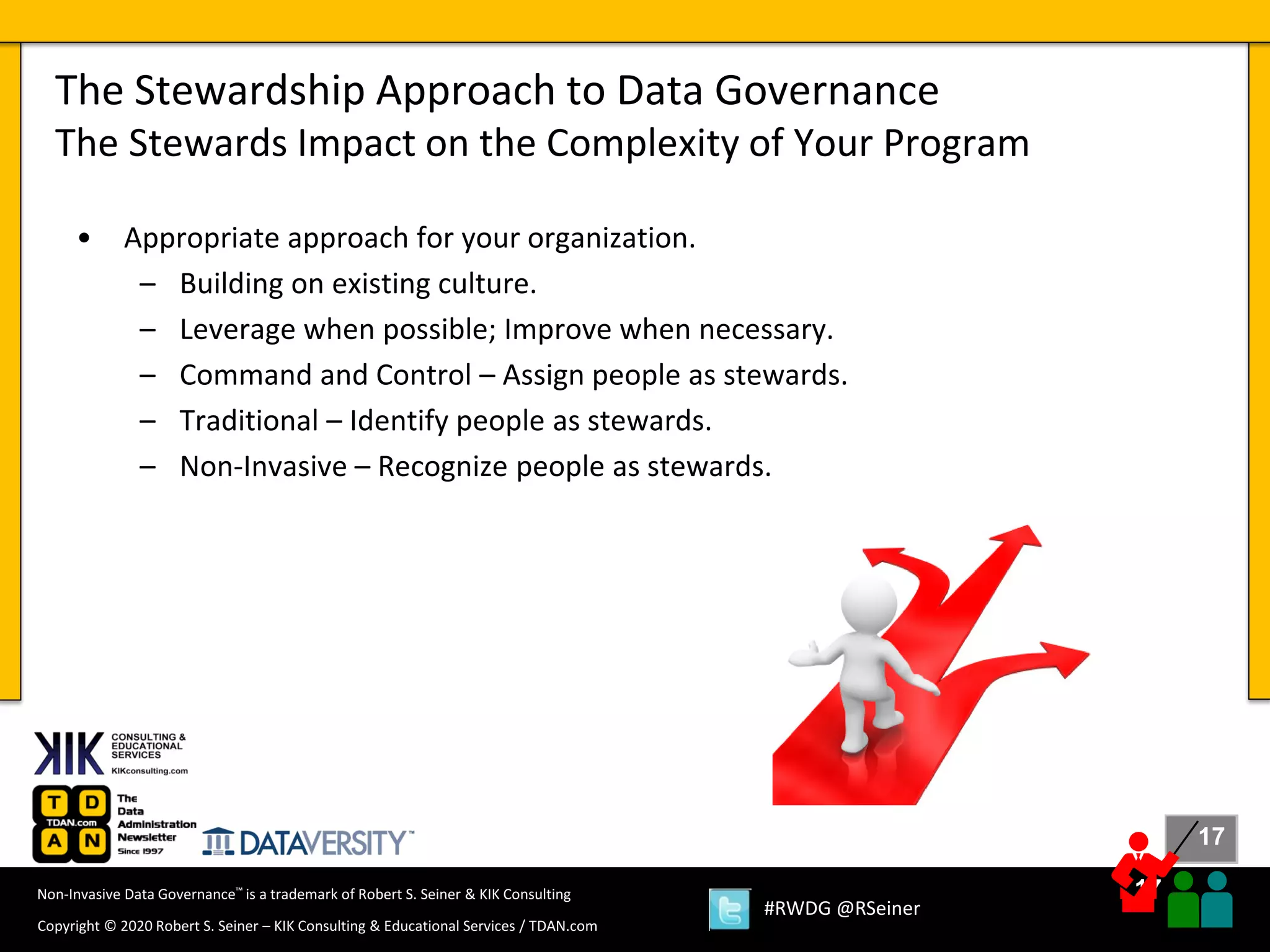 17
17
Copyright © 2020 Robert S. Seiner – KIK Consulting & Educational Services / TDAN.com
Non-Invasive Data Governance™ is a trademark of Robert S. Seiner & KIK Consulting
#RWDG @RSeiner
• Appropriate approach for your organization.
– Building on existing culture.
– Leverage when possible; Improve when necessary.
– Command and Control – Assign people as stewards.
– Traditional – Identify people as stewards.
– Non-Invasive – Recognize people as stewards.
The Stewardship Approach to Data Governance
The Stewards Impact on the Complexity of Your Program
 