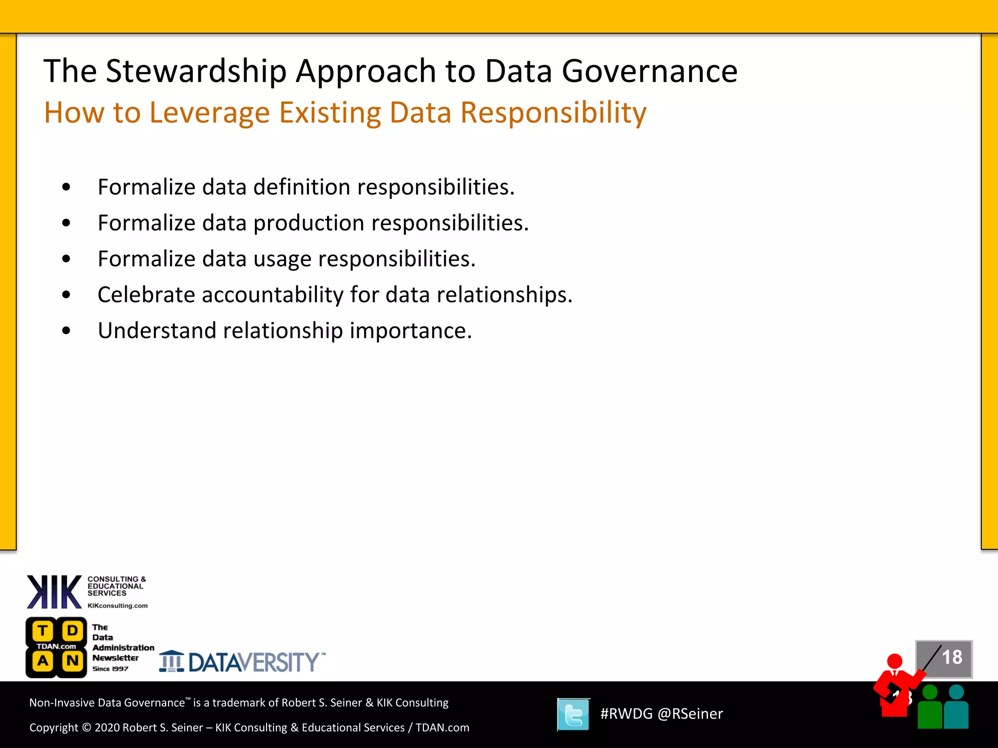 18
18
Copyright © 2020 Robert S. Seiner – KIK Consulting & Educational Services / TDAN.com
Non-Invasive Data Governance™ is a trademark of Robert S. Seiner & KIK Consulting
#RWDG @RSeiner
• Formalize data definition responsibilities.
• Formalize data production responsibilities.
• Formalize data usage responsibilities.
• Celebrate accountability for data relationships.
• Understand relationship importance.
The Stewardship Approach to Data Governance
How to Leverage Existing Data Responsibility
 