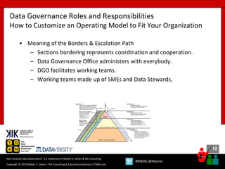 12
12
Copyright © 2020 Robert S. Seiner – KIK Consulting & Educational Services / TDAN.com
Non-Invasive Data Governance™ is a trademark of Robert S. Seiner & KIK Consulting
#RWDG @RSeiner
• Meaning of the Borders & Escalation Path
– Sections bordering represents coordination and cooperation.
– Data Governance Office administers with everybody.
– DGO facilitates working teams.
– Working teams made up of SMEs and Data Stewards,
Data Governance Roles and Responsibilities
How to Customize an Operating Model to Fit Your Organization
 