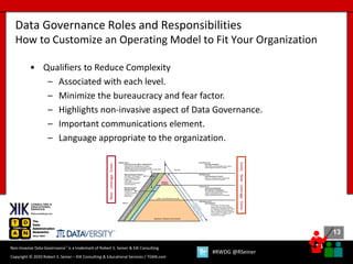 13
13
Copyright © 2020 Robert S. Seiner – KIK Consulting & Educational Services / TDAN.com
Non-Invasive Data Governance™ is a trademark of Robert S. Seiner & KIK Consulting
#RWDG @RSeiner
• Qualifiers to Reduce Complexity
– Associated with each level.
– Minimize the bureaucracy and fear factor.
– Highlights non-invasive aspect of Data Governance.
– Important communications element.
– Language appropriate to the organization.
Data Governance Roles and Responsibilities
How to Customize an Operating Model to Fit Your Organization
NewLeverageExists
ExistsNewLeverageExists
 