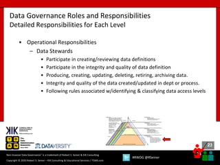 23
23
Copyright © 2020 Robert S. Seiner – KIK Consulting & Educational Services / TDAN.com
Non-Invasive Data Governance™ is a trademark of Robert S. Seiner & KIK Consulting
#RWDG @RSeiner
• Operational Responsibilities
– Data Stewards
• Participate in creating/reviewing data definitions
• Participate in the integrity and quality of data definition
• Producing, creating, updating, deleting, retiring, archiving data.
• Integrity and quality of the data created/updated in dept or process.
• Following rules associated w/identifying & classifying data access levels
Data Governance Roles and Responsibilities
Detailed Responsibilities for Each Level
 