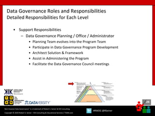 26
26
Copyright © 2020 Robert S. Seiner – KIK Consulting & Educational Services / TDAN.com
Non-Invasive Data Governance™ is a trademark of Robert S. Seiner & KIK Consulting
#RWDG @RSeiner
• Support Responsibilities
– Data Governance Planning / Office / Administrator
• Planning Team evolves into the Program Team
• Participate in Data Governance Program Development
• Architect Solution & Framework
• Assist in Administering the Program
• Facilitate the Data Governance Council meetings
Data Governance Roles and Responsibilities
Detailed Responsibilities for Each Level
 