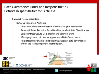 29
29
Copyright © 2020 Robert S. Seiner – KIK Consulting & Educational Services / TDAN.com
Non-Invasive Data Governance™ is a trademark of Robert S. Seiner & KIK Consulting
#RWDG @RSeiner
• Support Responsibilities
– Data Governance Partners
• Focus on Consistent Protection of Data through Classification
• Responsible for Technical Data Handling to Meet Data Classification
• Secure Infrastructure On Behalf of the Business Units
• Managing Projects to assure appropriate Data Governance
• Responsible for championing the integration of data governance
within the standard project methodology.
Data Governance Roles and Responsibilities
Detailed Responsibilities for Each Level
 