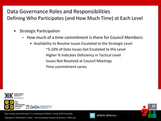 37
37
Copyright © 2020 Robert S. Seiner – KIK Consulting & Educational Services / TDAN.com
Non-Invasive Data Governance™ is a trademark of Robert S. Seiner & KIK Consulting
#RWDG @RSeiner
• Strategic Participation
– How much of a time commitment is there for Council Members:
• Availability to Resolve Issues Escalated to the Strategic Level
~5-10% of Data Issues Get Escalated to this Level
Higher % Indicates Deficiency in Tactical Level
Issues Not Resolved at Council Meetings
Time commitment varies
Data Governance Roles and Responsibilities
Defining Who Participates (and How Much Time) at Each Level
 