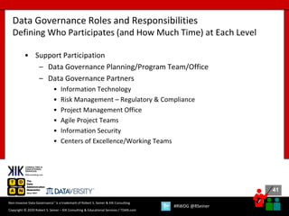 41
41
Copyright © 2020 Robert S. Seiner – KIK Consulting & Educational Services / TDAN.com
Non-Invasive Data Governance™ is a trademark of Robert S. Seiner & KIK Consulting
#RWDG @RSeiner
• Support Participation
– Data Governance Planning/Program Team/Office
– Data Governance Partners
• Information Technology
• Risk Management – Regulatory & Compliance
• Project Management Office
• Agile Project Teams
• Information Security
• Centers of Excellence/Working Teams
Data Governance Roles and Responsibilities
Defining Who Participates (and How Much Time) at Each Level
 