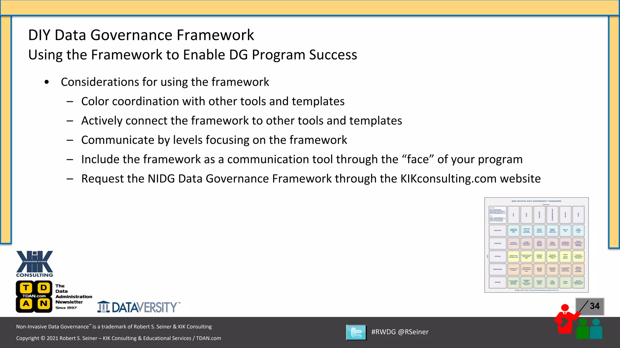 Copyright © 2021 Robert S. Seiner – KIK Consulting & Educational Services / TDAN.com
Non-Invasive Data Governance™ is a trademark of Robert S. Seiner & KIK Consulting
#RWDG @RSeiner
34
• Considerations for using the framework
– Color coordination with other tools and templates
– Actively connect the framework to other tools and templates
– Communicate by levels focusing on the framework
– Include the framework as a communication tool through the “face” of your program
– Request the NIDG Data Governance Framework through the KIKconsulting.com website
DIY Data Governance Framework
Using the Framework to Enable DG Program Success
Endorse
Enforce
Authorize
Direct
Approve
Prioritize
Resolve
EXECUTIVE
STRATEGIC
TACTICAL
OPERATIONAL
SUPPORT
Facilitate
Mediate
Promote
Operate
Manage
Handle
Formalize
Adhere
Enforce
Approve
Act
Acceptance
Participation
Performance
Subject
Quality
Metrics
Accountability
Efficiency
Effectiveness
Collect
Report
Policy
Directive
Audit
Charter
Best Practices
Guidelines
Roadmap
Standards
Requirements
Workflows
Glossary
Dictionary
Catalog
Repository
DG Tools
Metadata Tools
KIK Artifacts
Support
Sponsor
Understand
Status
Evaluate
Commend
Standards
Subject Area
Project
Orientation
Onboard
Ongoing
Plan
Develop
Deliver
Leadership
Steering
Committee
Preside
DG Program
DG Council
Domain Stewards
Data Owners
SMEs
Operational
Data Stewards
Users
Prog Mgmt
Admin
Work Groups
Partners
Copyright © 2020 – Robert S. Seiner and KIK Consulting & Educational Services, LLC
Levels
Components
ROLES
COMMUNICATIONS
TOOLS
METRICS
PROCESSES
NON-INVASIVE DATA GOVERNANCE™ FRAMEWORK
Leadership
Dashboard
KPIs
Enterprise
Performance
Subject Area
X-Business Unit
Business Unit
Function
Accountability
Inventory
Metadata
DATA
LEVELS
EXECUTIVE – SENIOR LEADERSHIP TEAM
STRATEGIC – BUSINESS & TECHNOLOGY MGMT
TACTICAL – SUBJECT MATTER EXPERTISE
OPERATIONAL – DAILY JOB FUNCTION
SUPPORT – FUNCTIONAL MANAGEMENT
COMPONENTS
DATA – ASSETS BEING GOVERNED
ROLES – FORMAL ACCOUNTABILITY
PROCESSES – APPLICATION / ENFORCEMENT
COMMUNICATIONS – EDUC, TRN, AWARENESS
METRICS – MEASUREMENTS and KPIs
TOOLS – ARTIFACTS PURCHASED / DEVELOPED
 