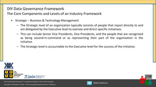 Copyright © 2021 Robert S. Seiner – KIK Consulting & Educational Services / TDAN.com
Non-Invasive Data Governance™ is a trademark of Robert S. Seiner & KIK Consulting
#RWDG @RSeiner
19
• Strategic – Business & Technology Management
– The Strategic level of an organization typically consists of people that report directly to and
are delegated by the Executive level to oversee and direct specific initiatives.
– This can include Senior Vice Presidents, Vice Presidents, and the people that are recognized
as being second-in-command or as representing their part of the organization in the
initiative.
– The Strategic level is accountable to the Executive level for the success of the initiative.
DIY Data Governance Framework
The Core Components and Levels of an Industry Framework
 